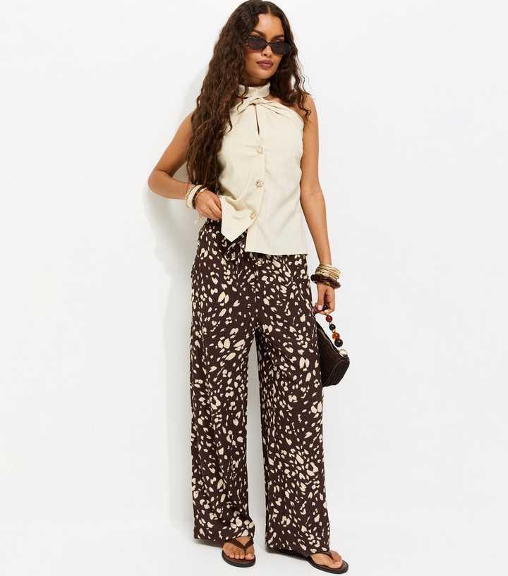 Petite Brown Animal Print Crinkle Wide Leg Trousers