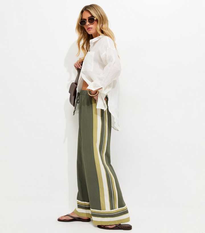 Petite Green Striped Border Wide Leg Trousers