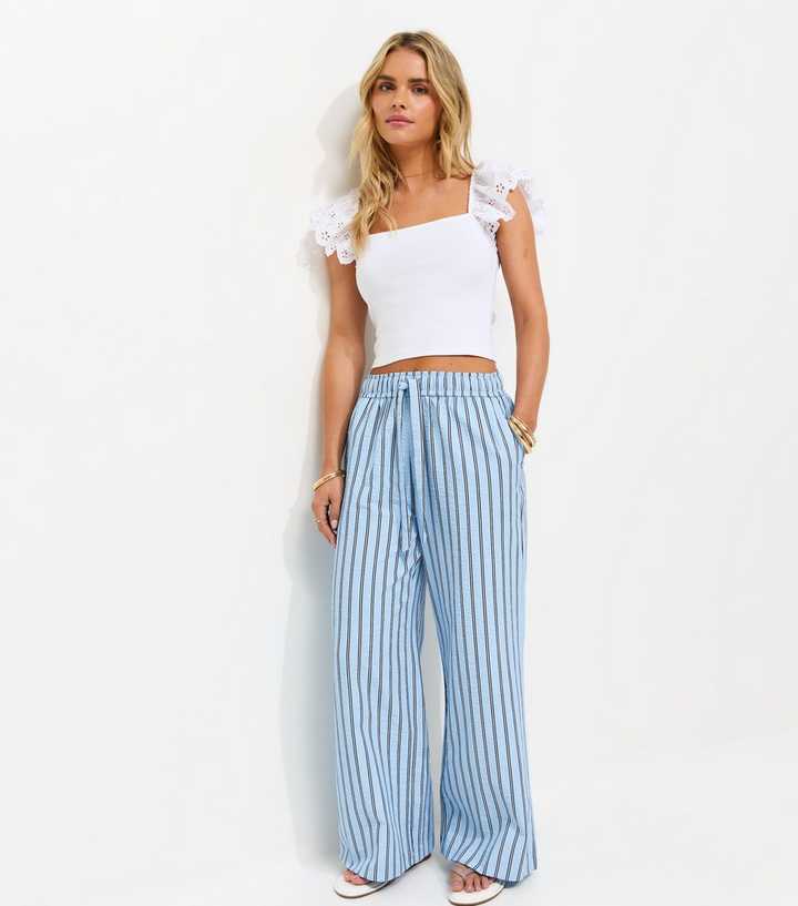 Petite Blue Seersucker Wide Leg Trousers