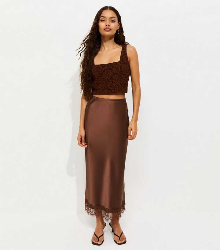Petite Dark Brown Satin Lace Trim Midi Skirt