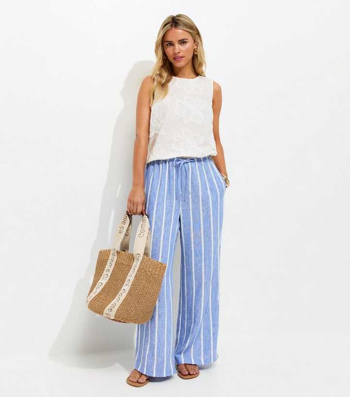 Petite Blue Striped Wide Leg Trousers