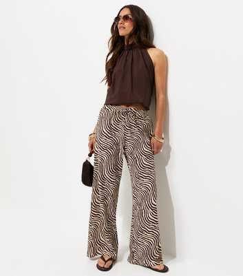 Petite Brown Zebra Print Crinkled Wide Leg Trousers