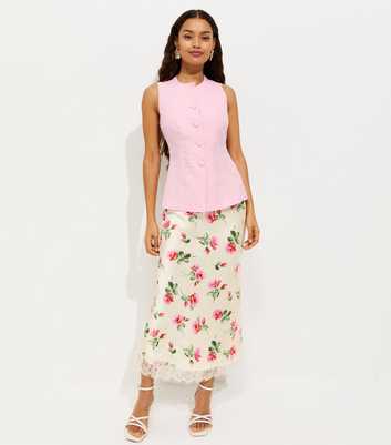 Petite White Satin Floral Print Lace Trim Midi Skirt