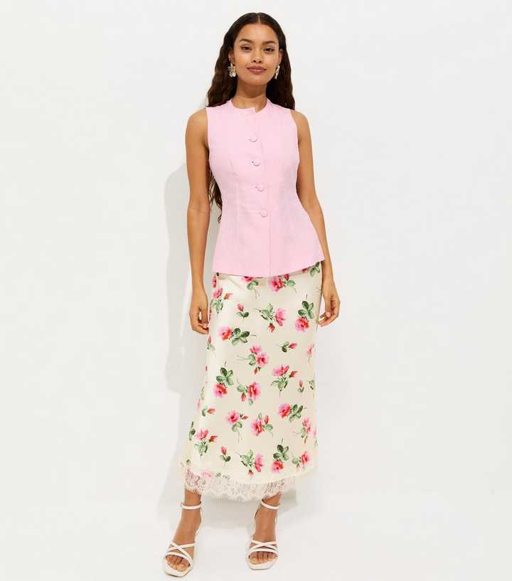 Petite White Satin Floral Print Lace Trim Midi Skirt