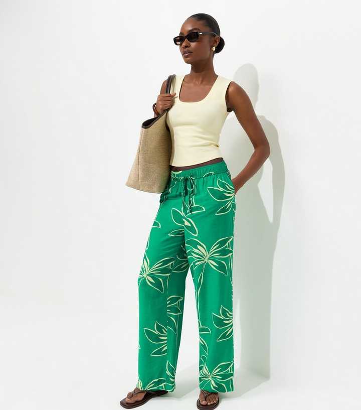 Green Crinkle Texture Palm Print Wide Leg Trousers