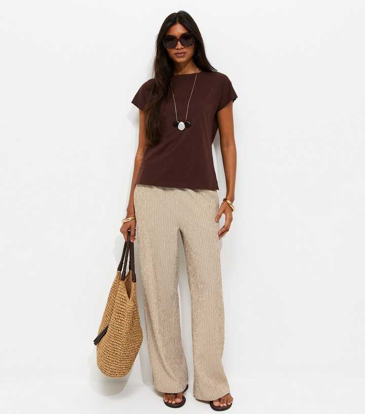 Brown Textured Stripe Wide Leg Trousers