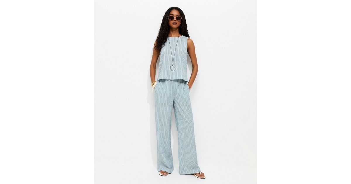 Blue Textured Stripe Wide Leg Trousers