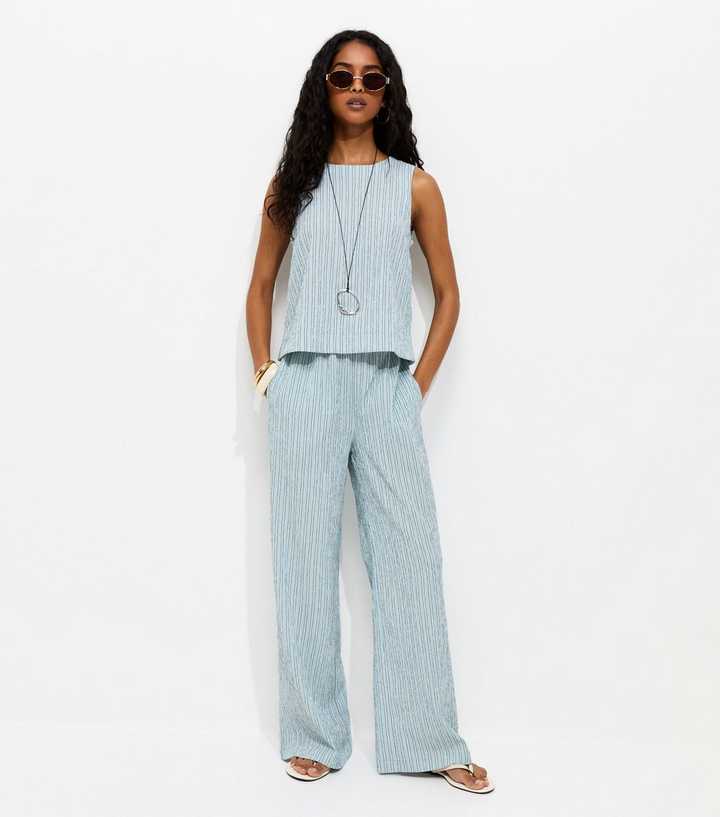 Blue Textured Stripe Wide Leg Trousers
