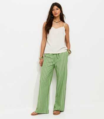 Green With Cotton Striped Wide Leg Trousers