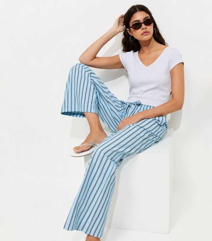 Blue With Cotton Striped Wide Leg Trousers