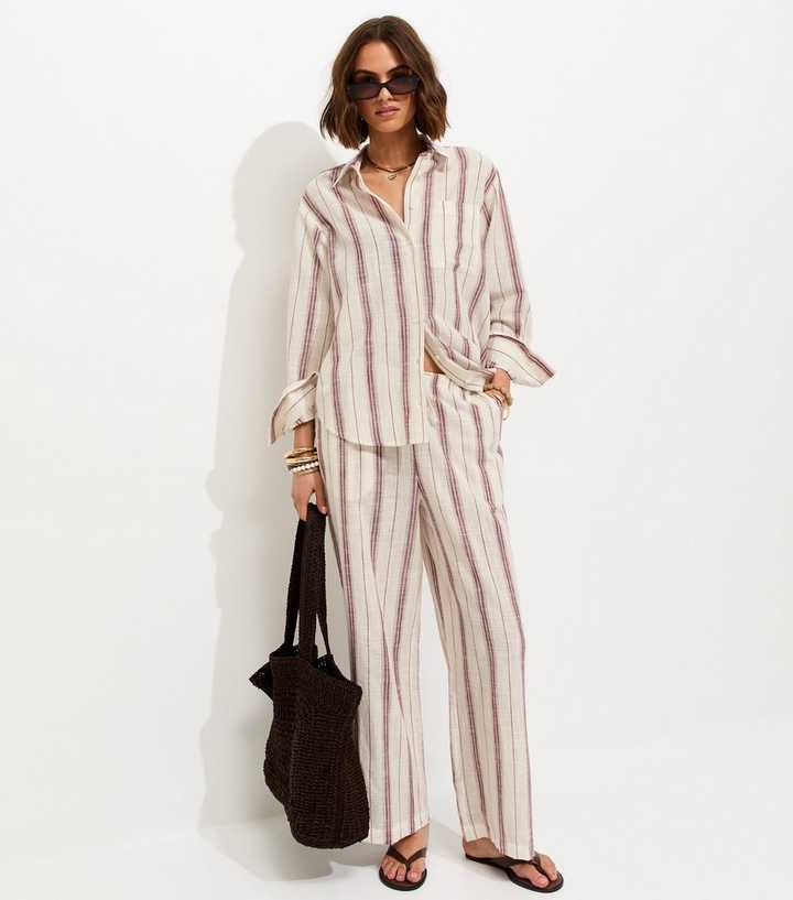 Pink Cotton Striped Wide Leg Trousers