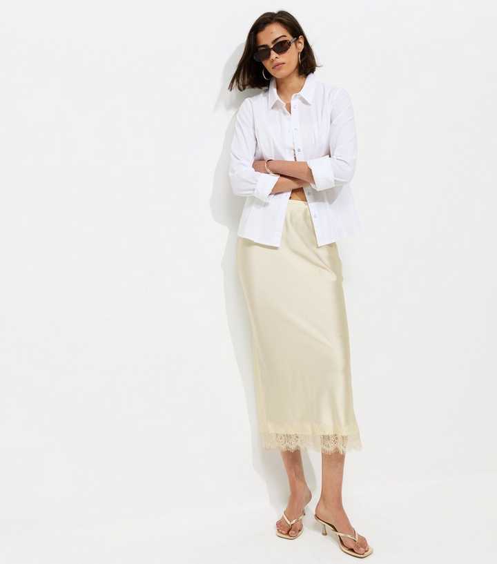 Cream Satin Lace Hem Midi Skirt