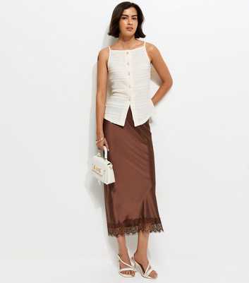 Dark Brown Satin Lace Hem Midi Skirt