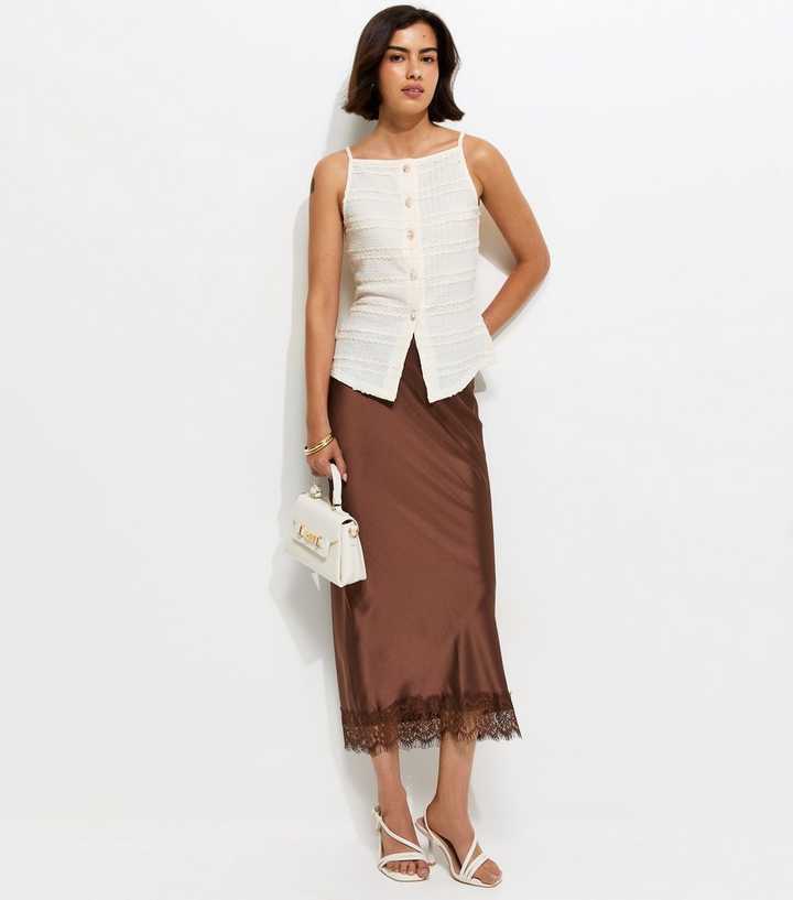 Dark Brown Satin Lace Hem Midi Skirt