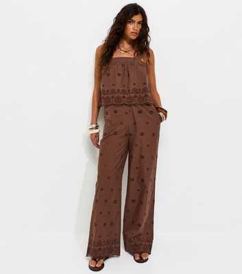 Brown Cotton Broderie Wide Leg Trousers