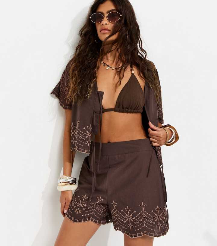Brown Cotton Embroidered Scalloped Hem Shorts
