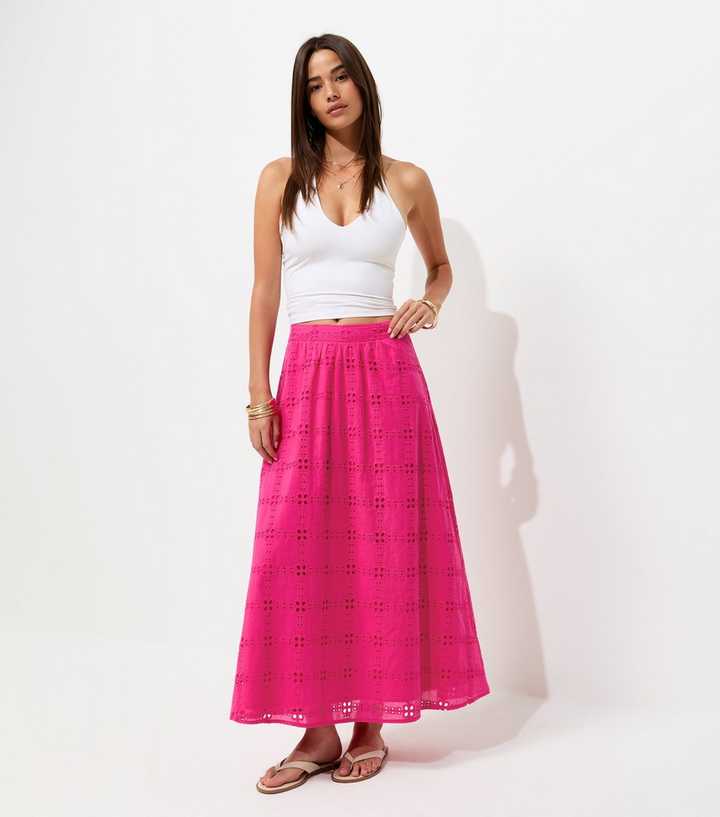 Pink Embroidered Cut Out Maxi Skirt