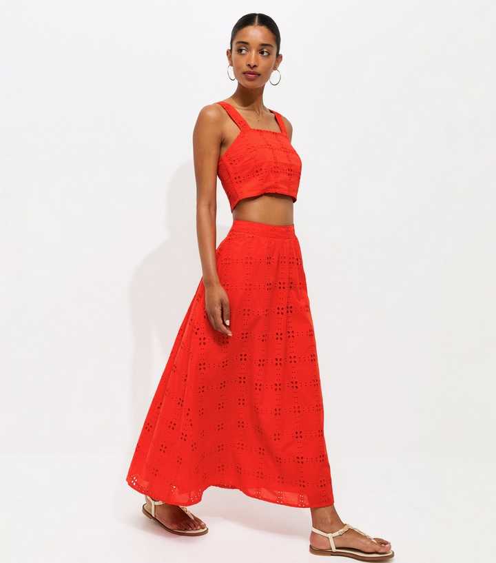Bright Orange Embroidered Cut Out Maxi Skirt