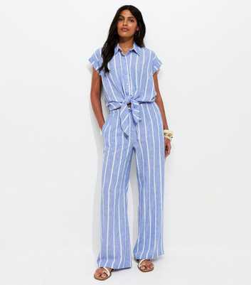 Blue Striped Drawstring Wide Leg Trousers