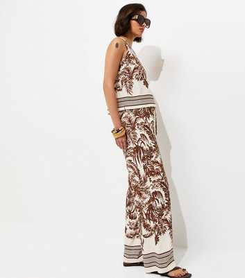 Brown Palm Tree Print Wide Leg Trousers