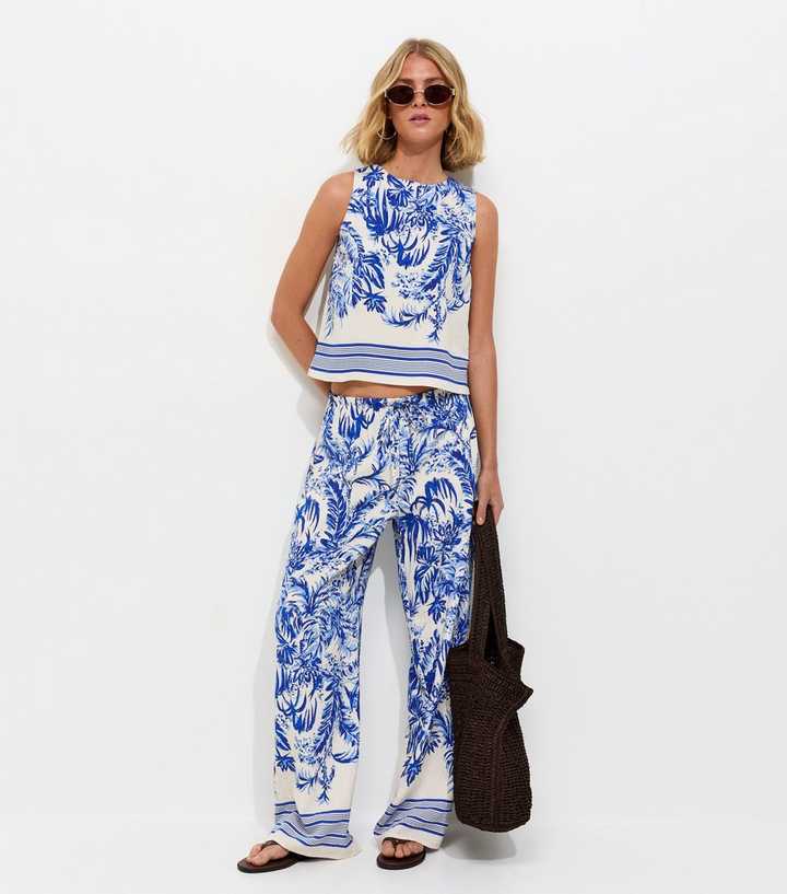 Blue Palm Tree Print Wide Leg Trousers
