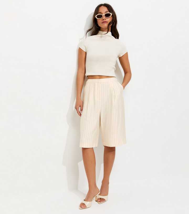 Cream Pinstripe Tailored Jort Shorts