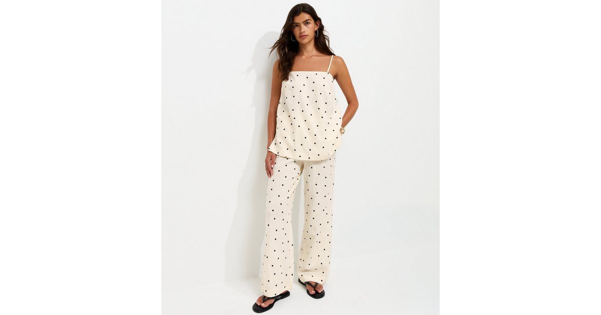 White Linen Rich Spot Print Wide Leg Trousers