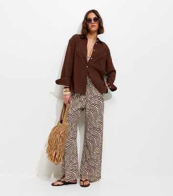 Brown Zebra Print Crinkle Texture Wide Leg Trousers