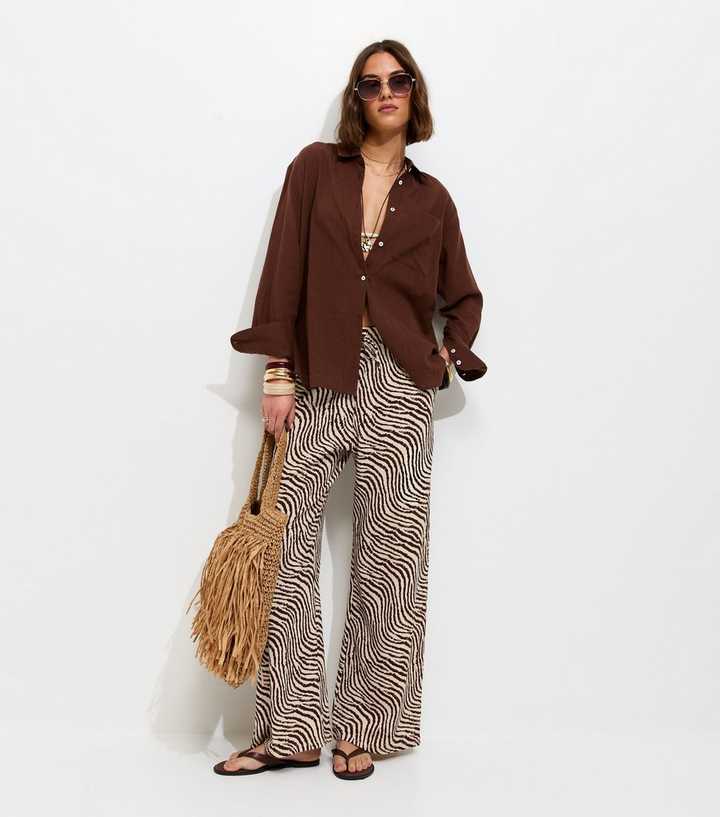 Brown Zebra Print Crinkle Texture Wide Leg Trousers