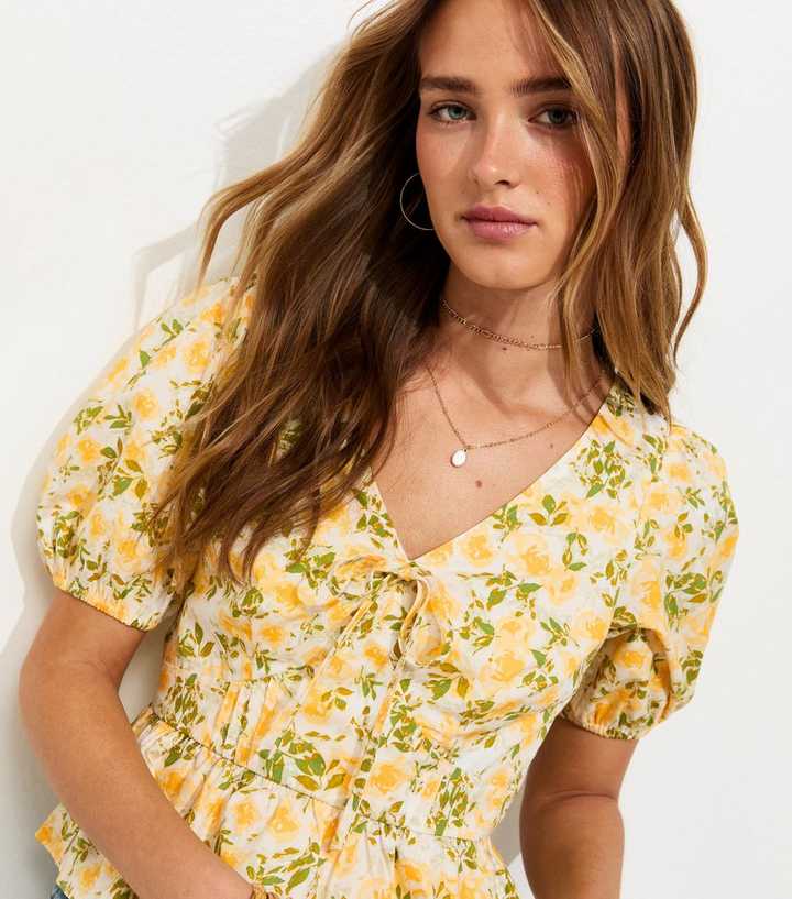 Yellow Floral Print V-Neck Top