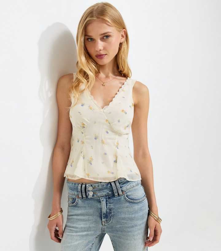Cream Floral Chiffon Shell Top
