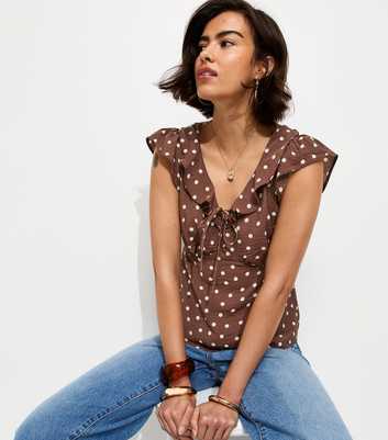 Brown Spot Print Frill Trim Tea Top