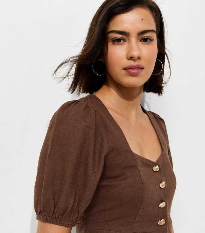 Dark Brown Linen Rich Shell Button Peplum Top