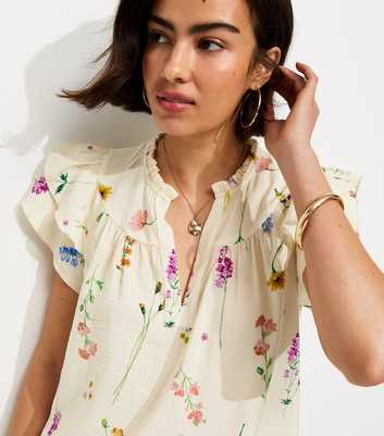 Cream Floral Print Flutter Sleeve Blouse