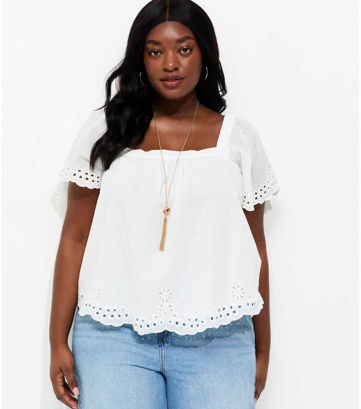 Curves White Cotton Broderie Anglaise Short Sleeve Blouse