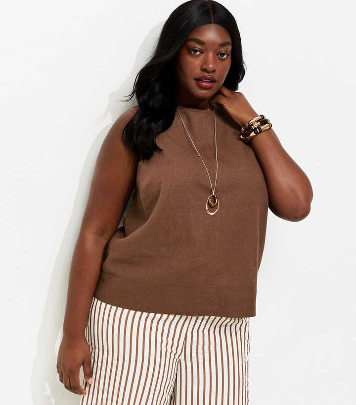Curves Dark Brown Linen Rich Sleeveless Top