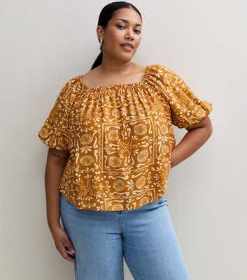 Curves Orange Shell Print Puff Sleeve Blouse