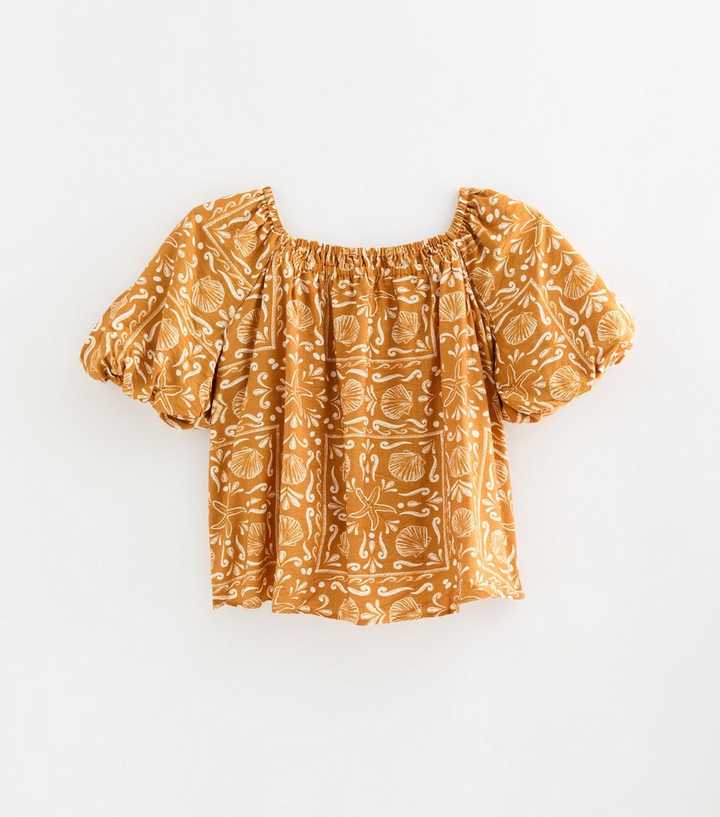 Curves Orange Shell Print Puff Sleeve Blouse