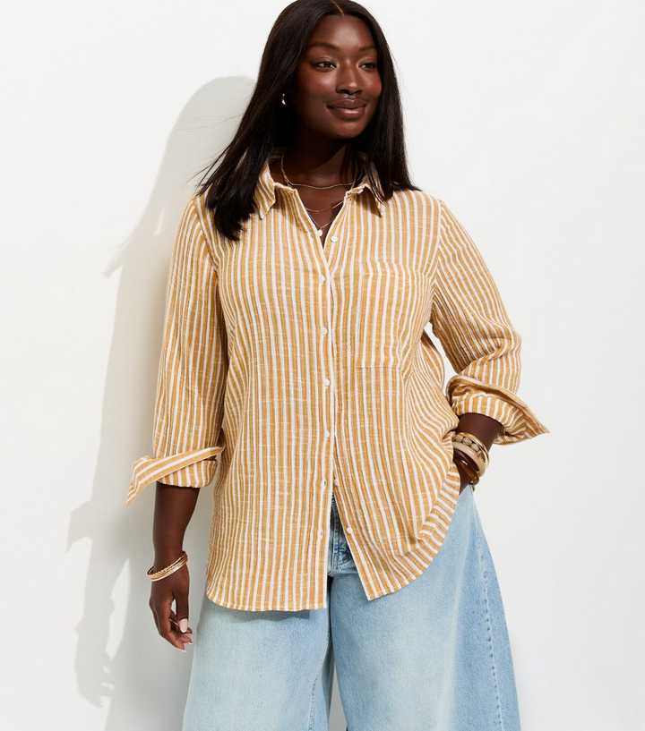 Curves Yellow Cotton Striped Long Sleeve Shirt