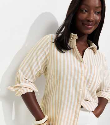 Curves Brown Cotton Linen Striped Long Sleeve Shirt