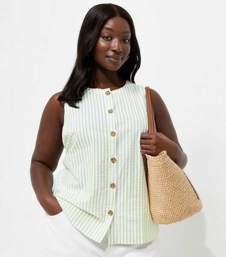 Curves Green Cotton Stripe Button Through Waistcoat
