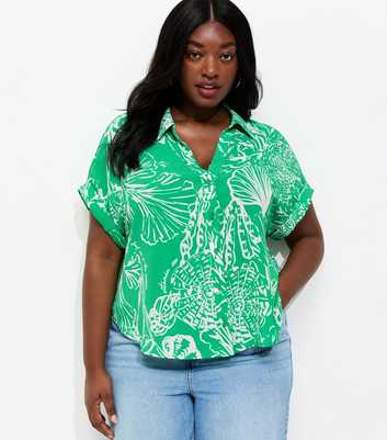 Curves Green Leaf Print Short Sleeve Shirt