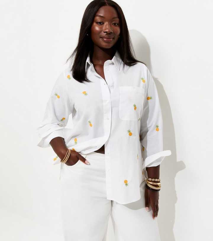 Curves White Cotton Pineapple Embroidered Shirt