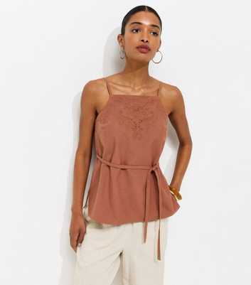 Dark Brown Cotton Rich Embroidered Belted Long Cami Top