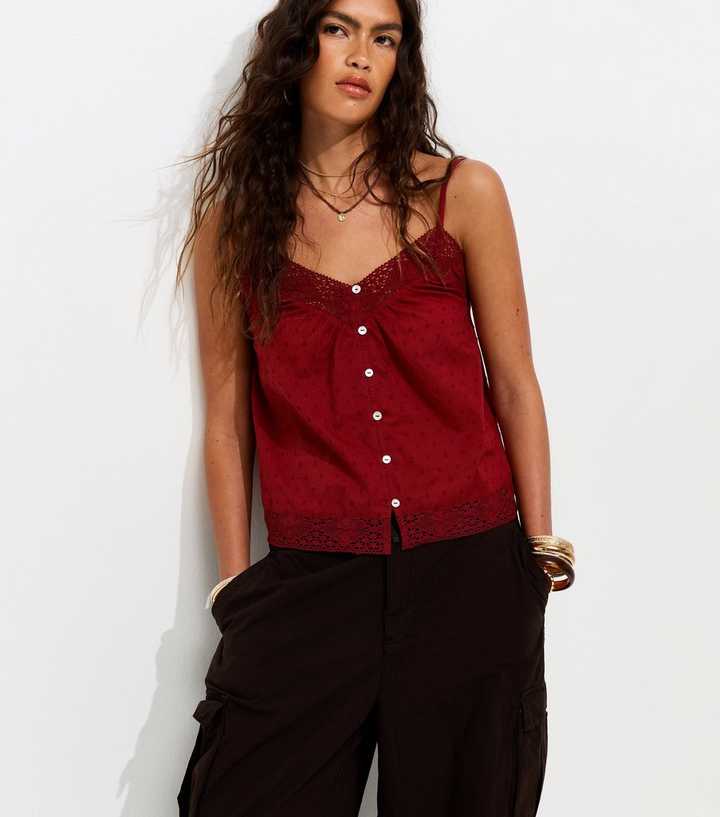 Rust Cotton Dobby Texture Lace Trim Cami Top