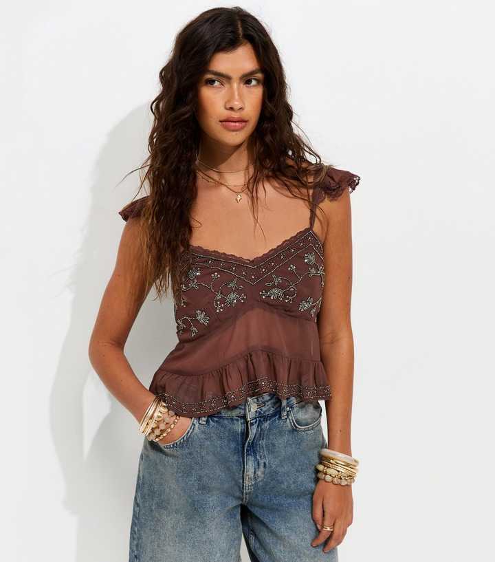 Dark Brown Beaded Chiffon Cami Top