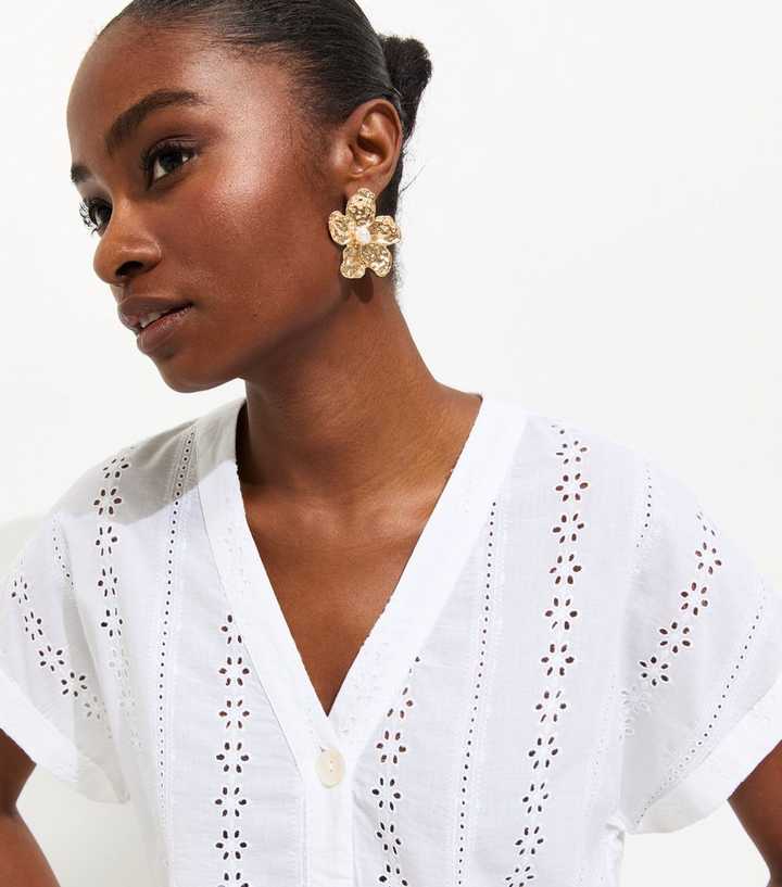 White Cotton Broderie Anglaise Button Through Top