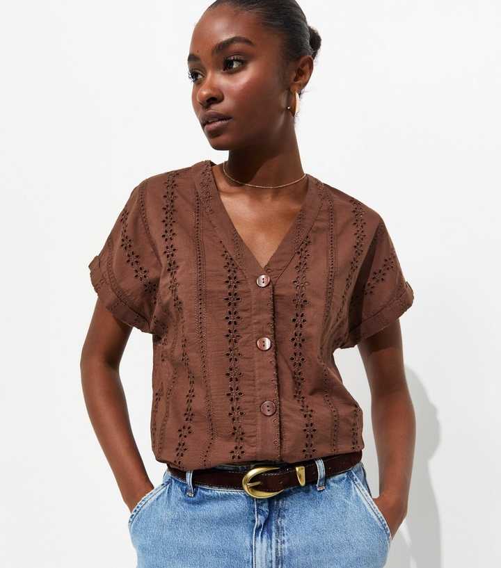 Brown Cotton Broderie Anglaise Button Through Top