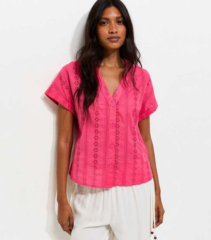 Pink Cotton Broderie Anglaise Button Through Top