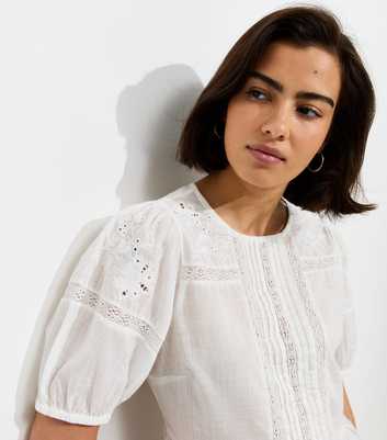 White Cotton Lace Trim Puff Sleeve Blouse